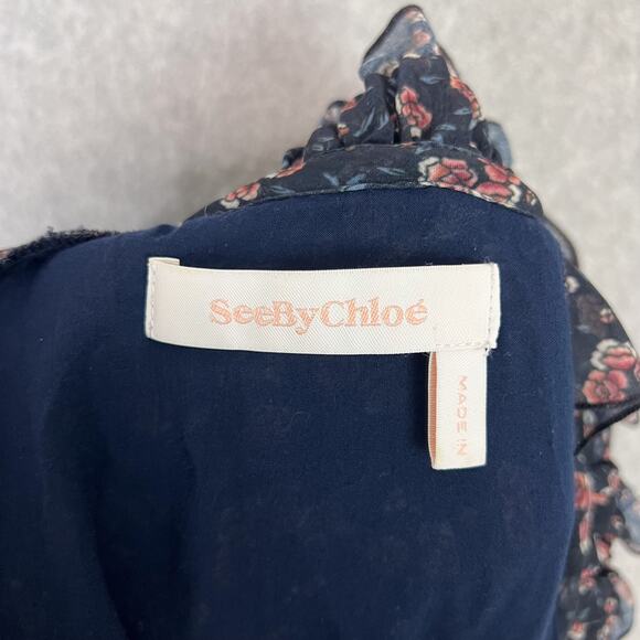 See by Chloé Blue Floral Long Sleeve Haze Lace Trim Mini Dress Size 34 - Picture 9 of 11